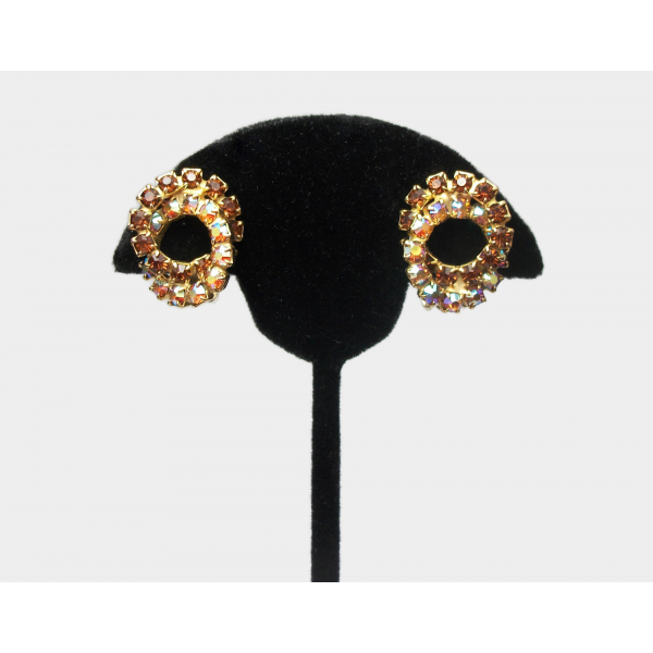 Vintage Topaz & AB Crystal Clip On Earrings Double Entwined Circles Formal