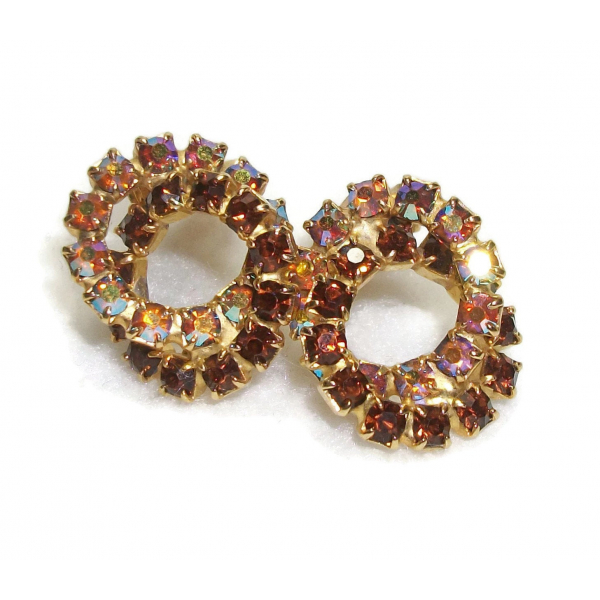 Vintage Topaz & AB Crystal Clip On Earrings Double Entwined Circles Bridal