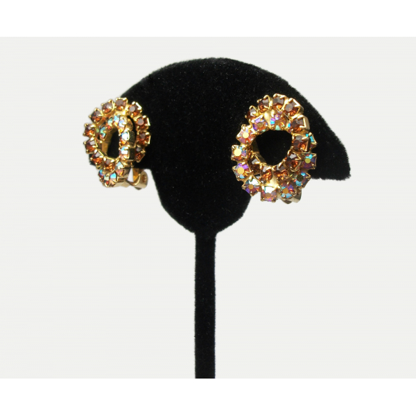 Vintage Topaz & AB Crystal Clip On Earrings Double Entwined Circles Wedding
