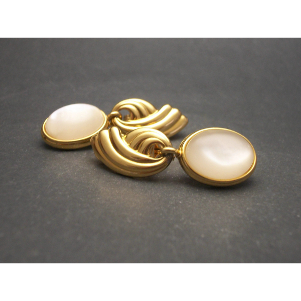 Vintage Monet Gold and Pearlescent Moonglow Cabochon Drop Clip Earrings Dangle