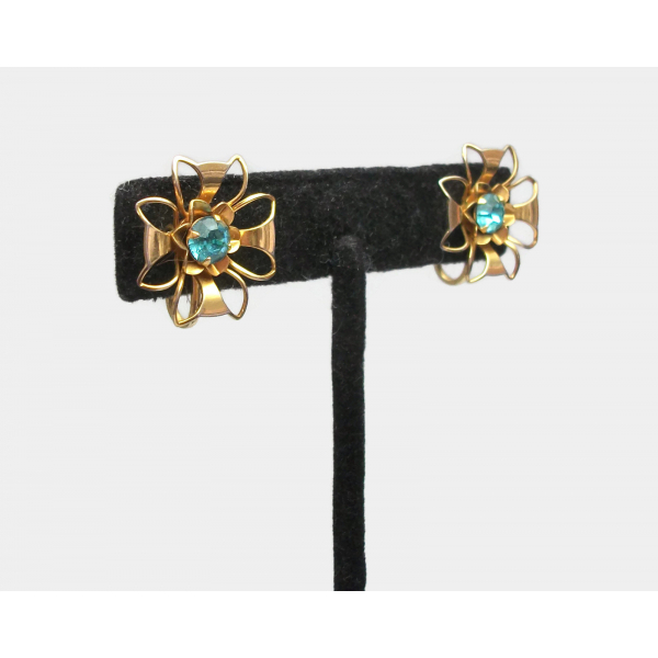 Vintage Bugbee & Niles Gold Tone and Aquamarine Blue Crystal Rhinestone Earrings