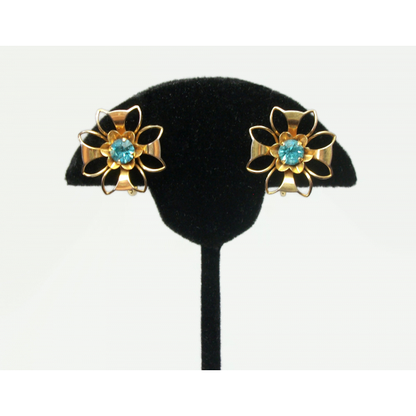 Vintage Bugbee & Niles Gold Tone and Aquamarine Blue Crystal Rhinestone Earrings