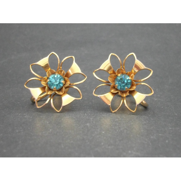 Vintage Bugbee & Niles Screw Back Earrings Gold Tone Aquamarine Blue Rhinestone