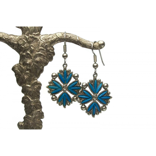 Vintage Silver Tone Faux Turquoise Dangle Earrings French Hooks