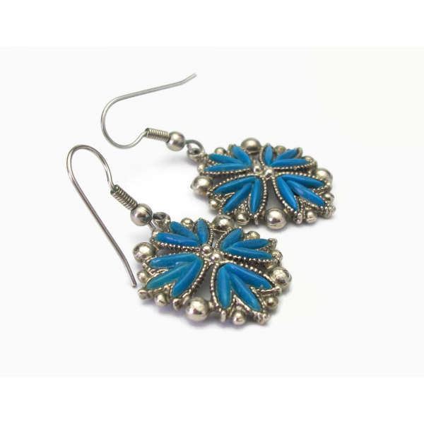 Vintage Silver Tone Faux Turquoise Dangle Earrings French Hook