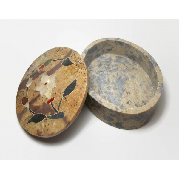 Vintage Stone Mother of Pearl Inlay Oval Trinket Box 4 x 3 inch Floral Keepsake