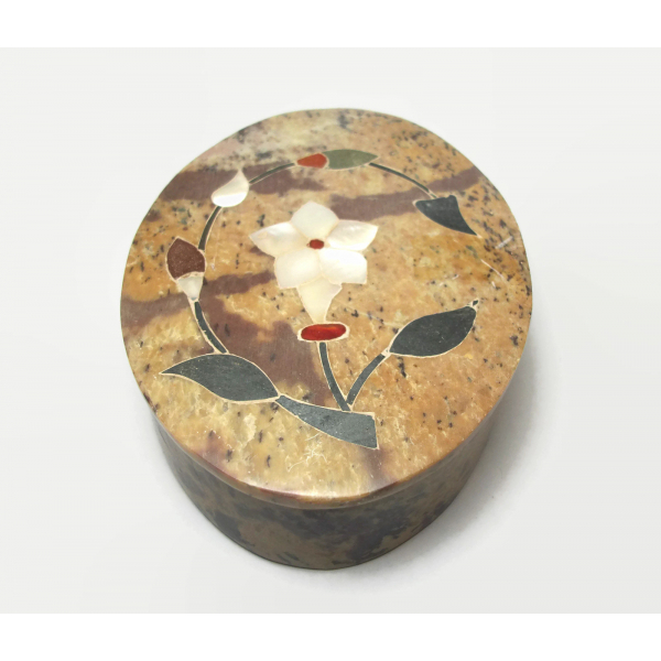 Vintage Stone Mother of Pearl Inlay Oval Trinket Box 4 x 3 inch Floral Keepsake