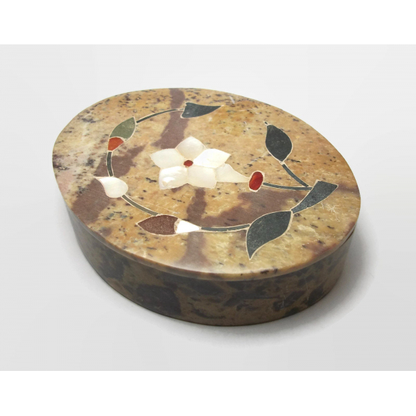 Vintage Stone Mother of Pearl Inlay Oval Trinket Box 4 x 3 inch Floral Keepsake
