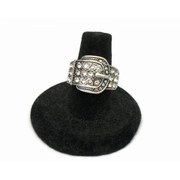 Vintage Silver Tone Buckle Ring with Clear & AB Crystals Rhinestones Size 7 1/4