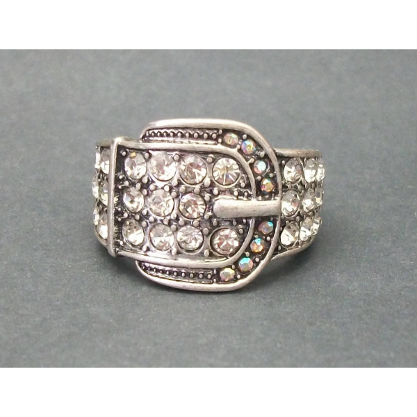 Vintage Silver Tone Buckle Ring with Clear & AB Crystals Rhinestones Size 7 1/4