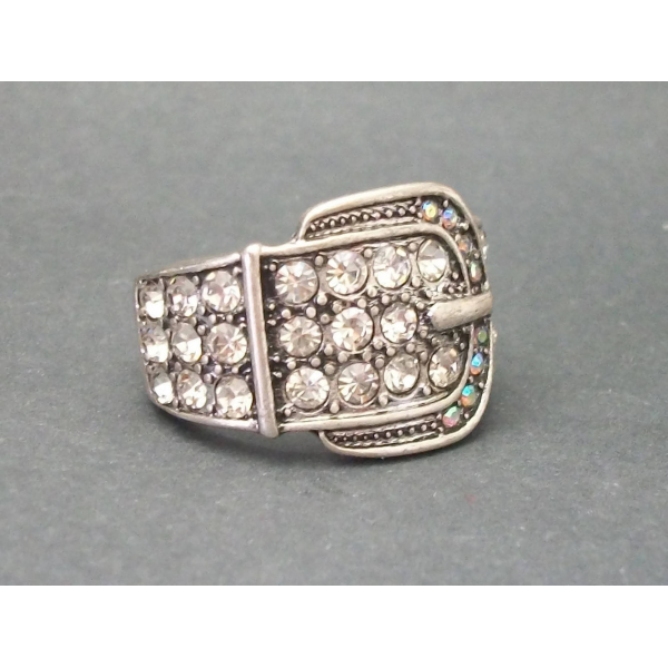 Vintage Silver Tone Buckle Ring with Clear & AB Crystals Rhinestones Size 7 1/4