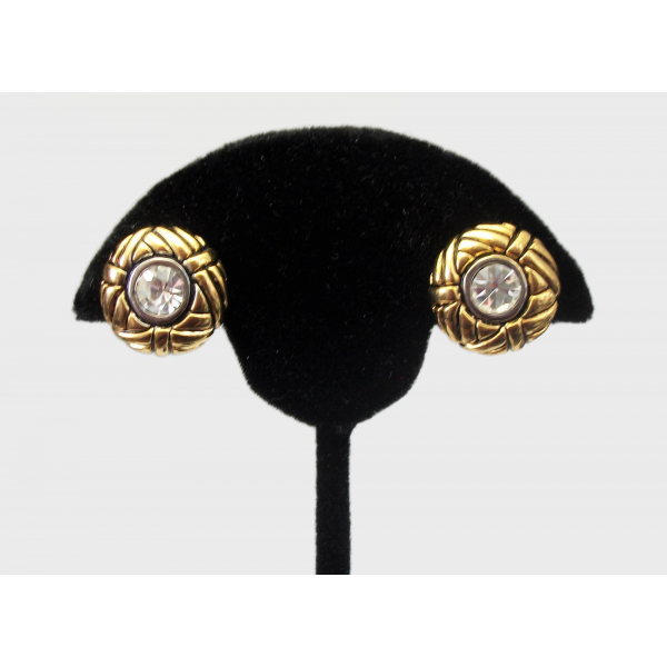 Vintage Gold and Clear Rhinestone Clip On Earrings with Black Accents Round