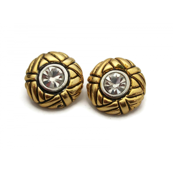 Vintage Gold Tone Clear Rhinestone Clip On Earrings with Black Accents Round