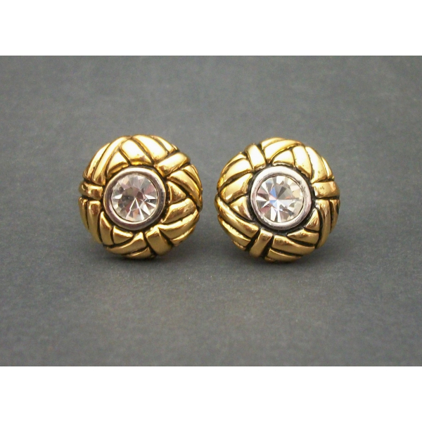 Vintage Gold Tone Clear Rhinestone Clip On Earrings with Black Accents Round