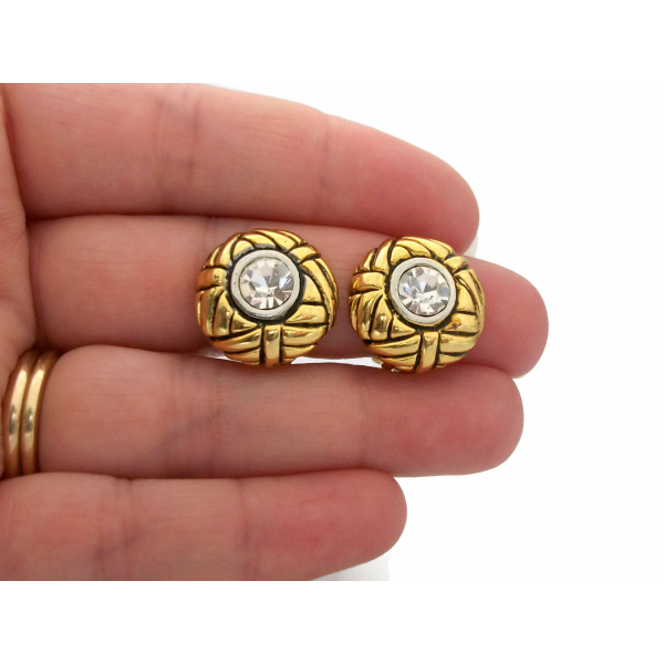 Vintage Gold Tone Clear Rhinestone Clip On Earrings with Black Accents Round