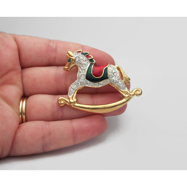 Enamel and rhinestone rocking horse brooch Christmas pin