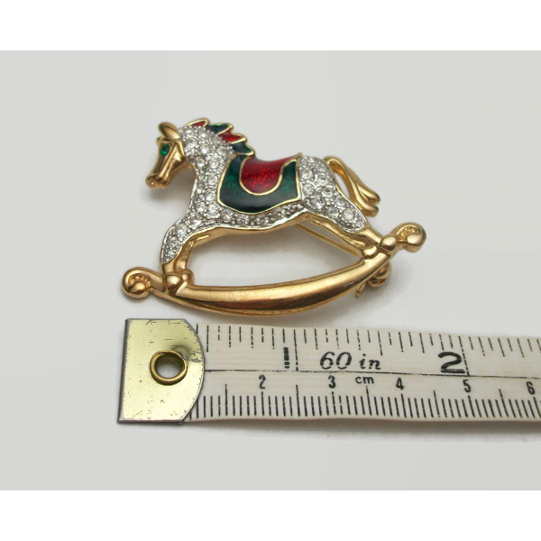 Enamel and rhinestone rocking horse brooch Christmas pin