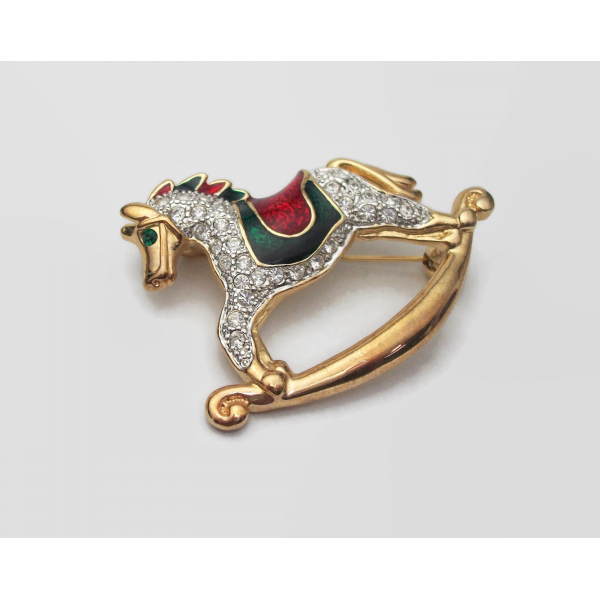 Enamel and rhinestone rocking horse brooch Christmas pin