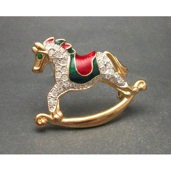 Enamel and rhinestone rocking horse brooch Christmas pin