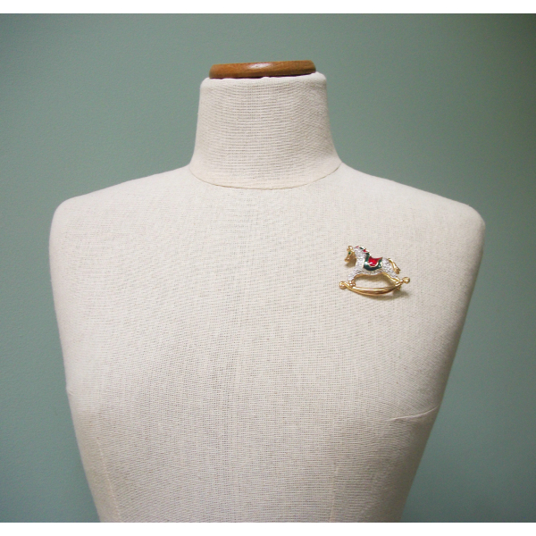 Enamel rocking horse brooch Christmas pin with rhinestones