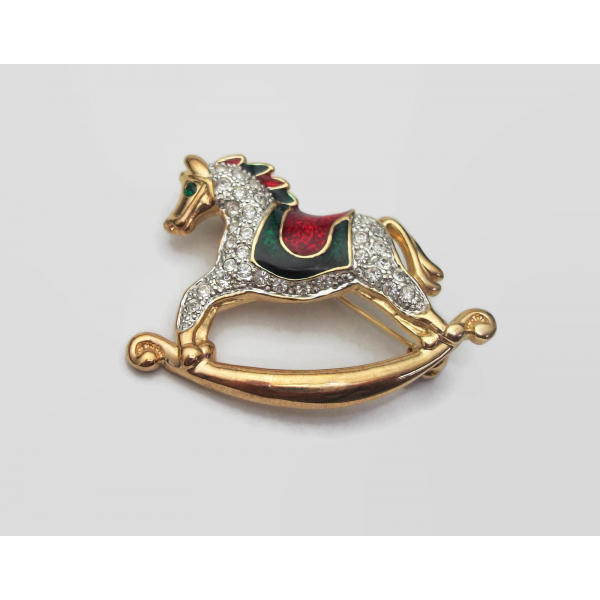 Enamel and rhinestone rocking horse brooch Christmas pin