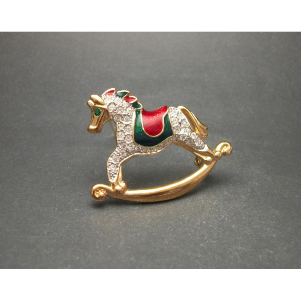 Enamel and rhinestone rocking horse brooch Christmas pin