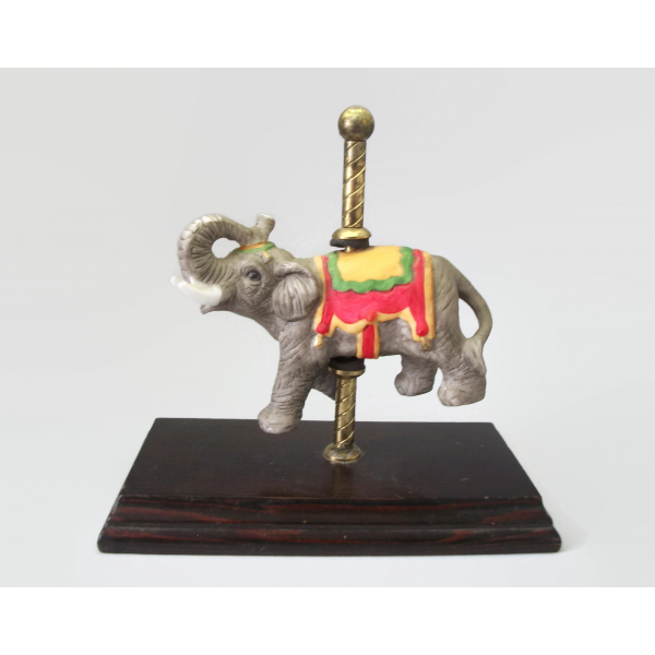 Vintage Hand Painted Porcelain Carousel Elephant with Brass Pole and Wood Base
