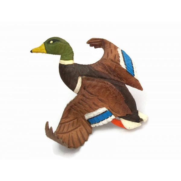 Vintage Leather Mallard Duck Brooch Hand Tooled Hand Painted Leather Lapel Pin