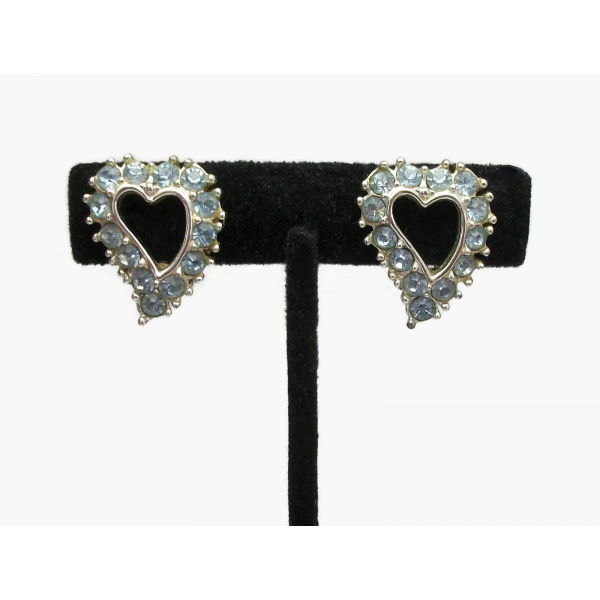 Vintage 1950s Sarah Coventry Heart Clip On Earrings Blue Rhinestones Silver Tone