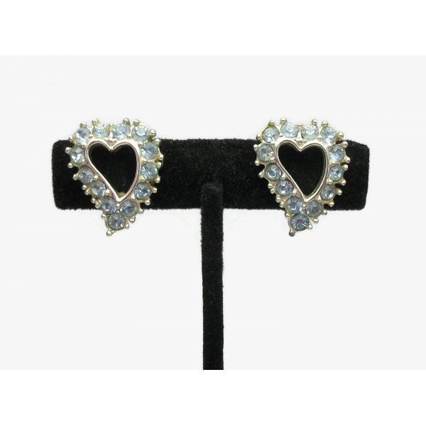Vintage 1950s Sarah Coventry Heart Clip On Earrings Blue Rhinestones Birthstone