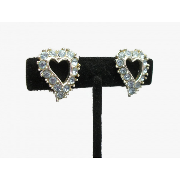 Vintage 1950s Sarah Coventry Heart Clip On Earrings Blue Rhinestones Silver Tone