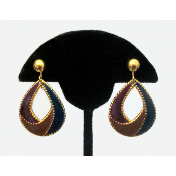 Vintage Enamel Teardrop Hoop Clip on Earrings Tear Drop Shaped Gold Purple Navy