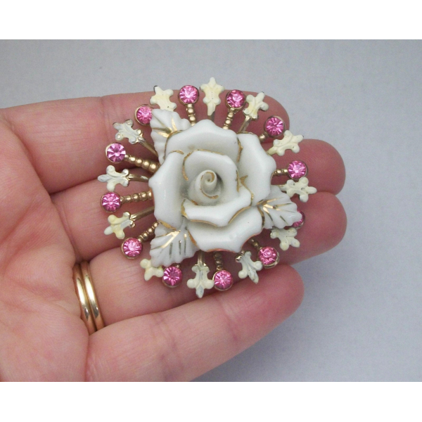 Vintage White and Gold Porcelain Rose Brooch with Fleur de Lis Pink Rhinestones