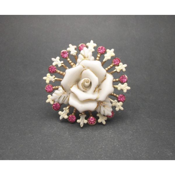 Vintage White and Gold Porcelain Rose Brooch with Fleur de Lis Pink Rhinestones