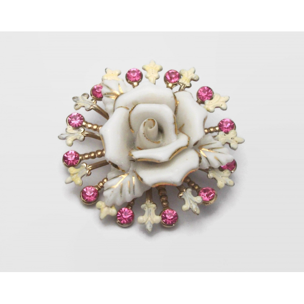 Vintage White and Gold Porcelain Rose Brooch with Fleur de Lis Pink Rhinestones