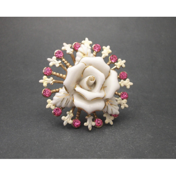 Vintage White and Gold Porcelain Rose Brooch with Fleur de Lis Pink Rhinestones