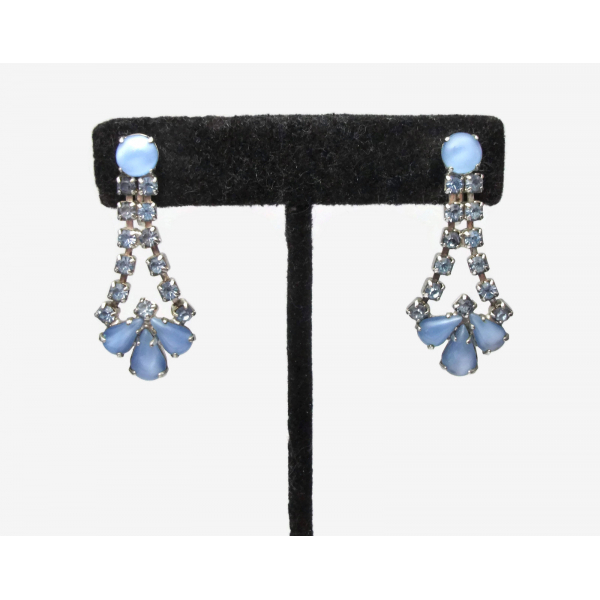 Vintage Blue Moonglow Rhinestone Dangle Clip on Earrings Wedding Formal
