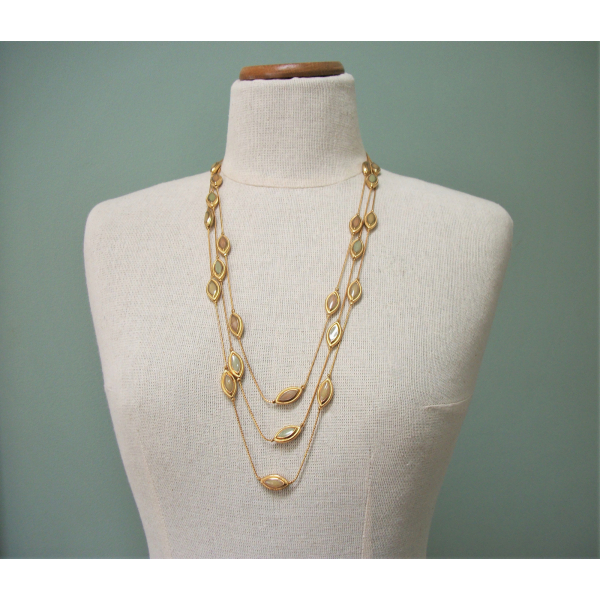 Vintage Triple Strand Long Gold Tone Necklace with Olive Taupe Enamel Beads
