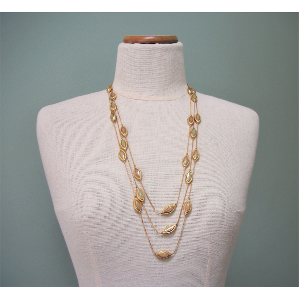 Vintage Triple Strand Necklace Gold with Olive Taupe Enamel Beads