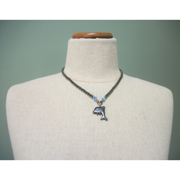 Vintage Hematite Dolphin Pendant Necklace 18 inch Hematite Beaded Chain Unisex