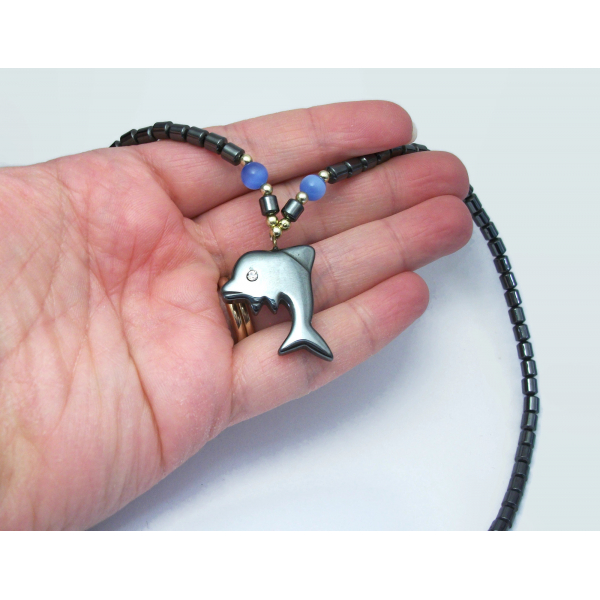Vintage Hematite Dolphin Pendant Necklace 18 inch Hematite Beaded Chain Unisex