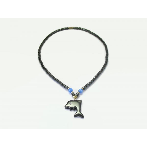 Vintage Hematite Dolphin Pendant Necklace 18 inch Hematite Beaded Chain Unisex
