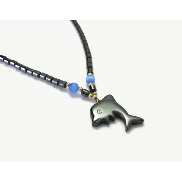 Vintage Hematite Dolphin Pendant Necklace 18 inch Hematite Beaded Chain Unisex