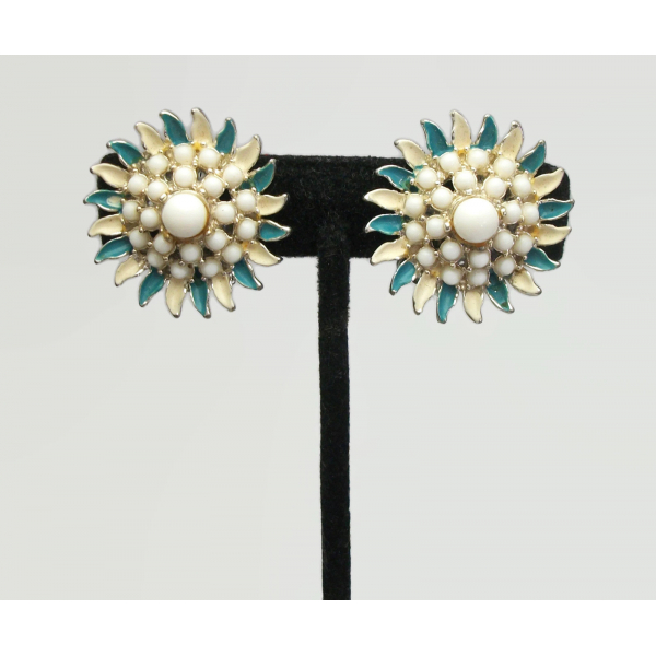 Vintage Milk Glass and Blue and Cream Enamel Floral Clip on Earrings Mid Century