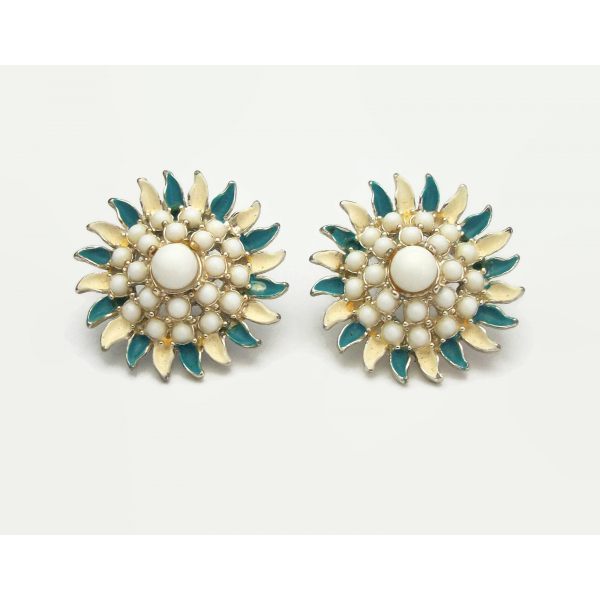 Vintage Milk Glass and Blue and Cream Enamel Floral Clip on Earrings Mid Century