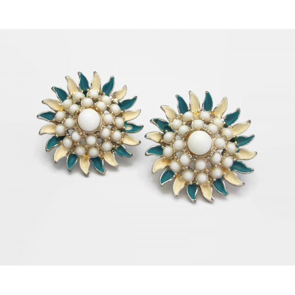 Vintage Milk Glass and Blue and Cream Enamel Floral Clip on Earrings Mid Century