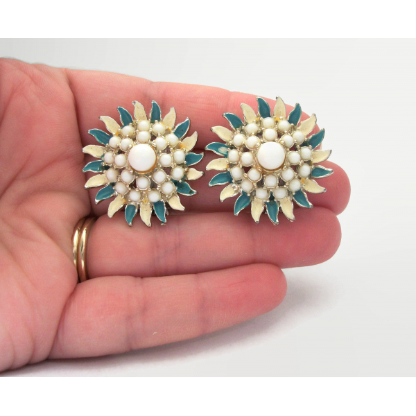 Vintage Milk Glass and Blue and Cream Enamel Floral Clip on Earrings Mid Century