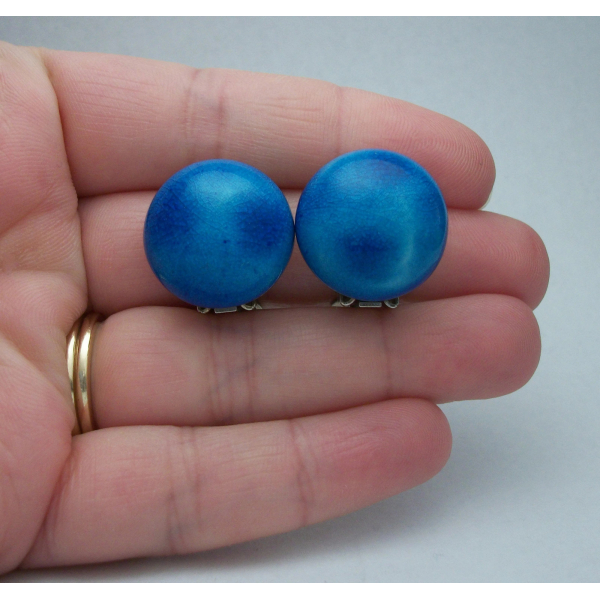 Vintage Blue Ceramic Clip on Earring 3/4 inch diameter domed button earrings