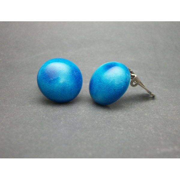 Vintage Blue Ceramic Clip on Earring 3/4 inch diameter domed button earrings