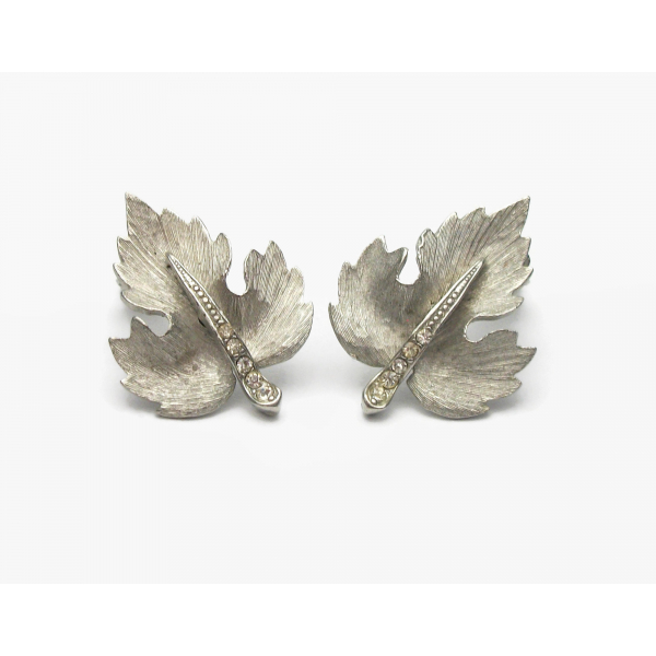 Vintage Silver  Leaf Clip on Earrings with Clear Rhinestones Faux Marcasites